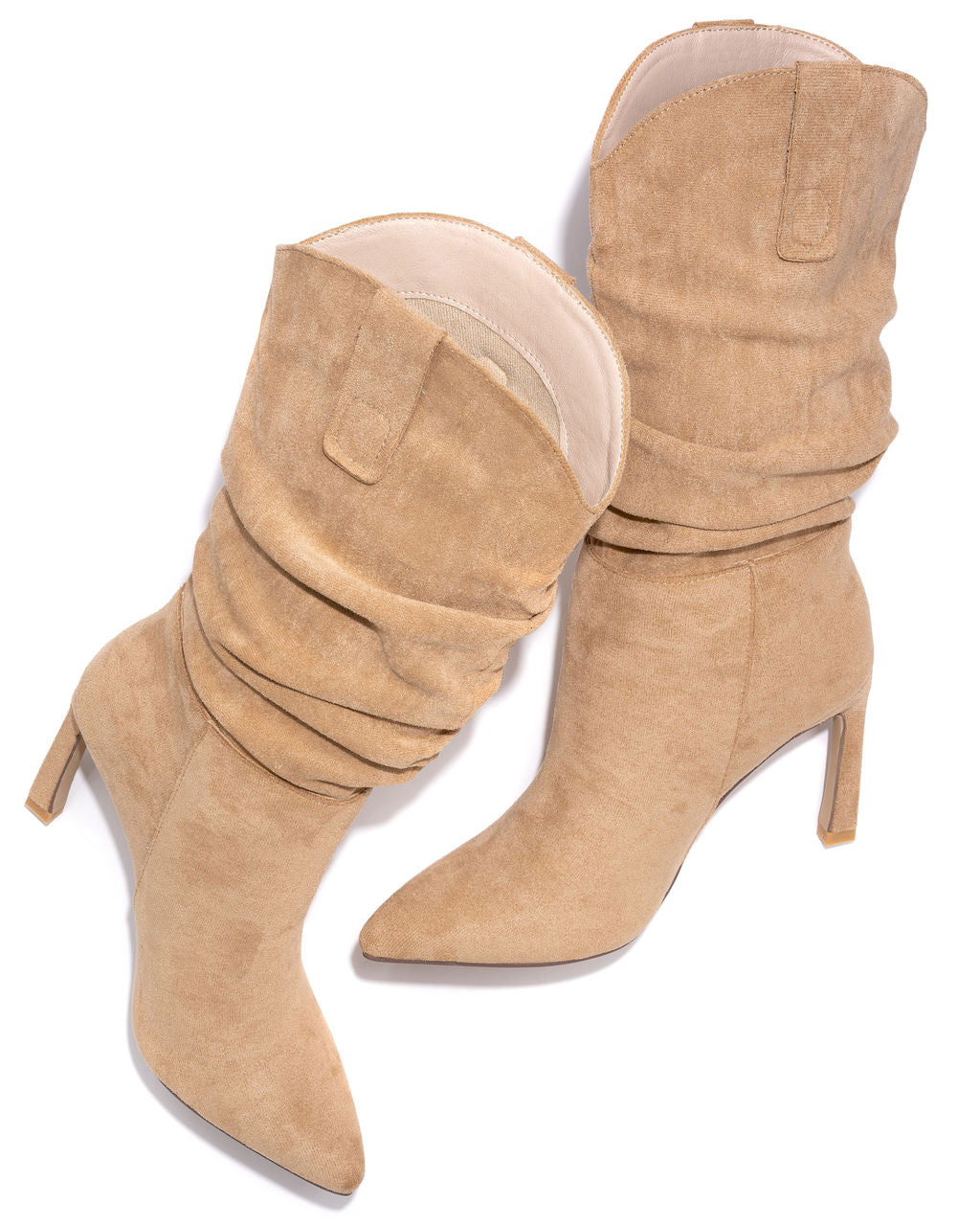 Goldie Faux Suede Heeled Slouch Boot - Almond