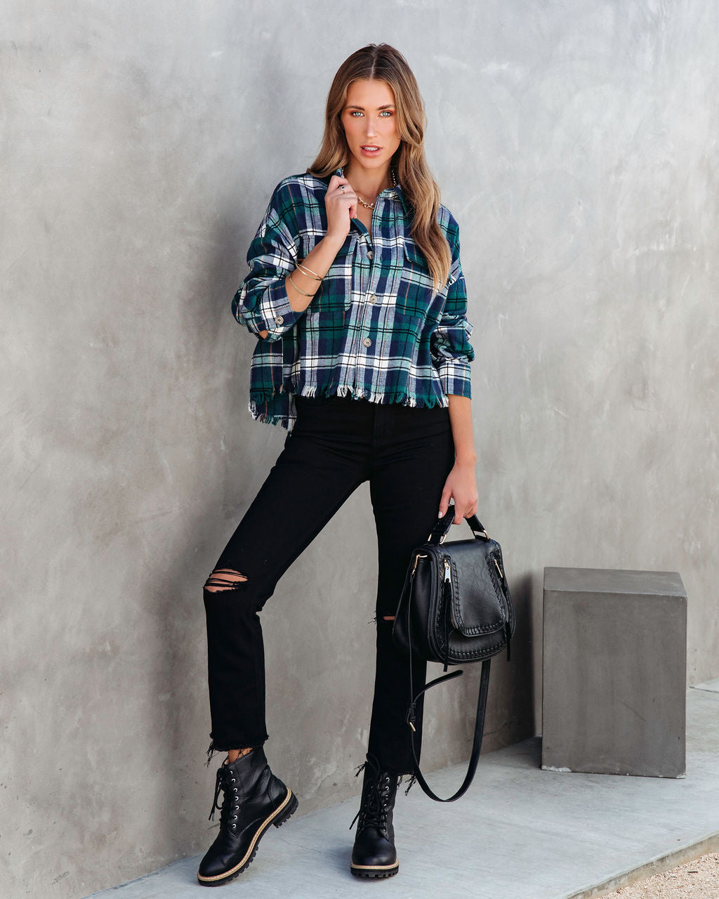 Sporadically Cool Plaid Frayed Button Down Top