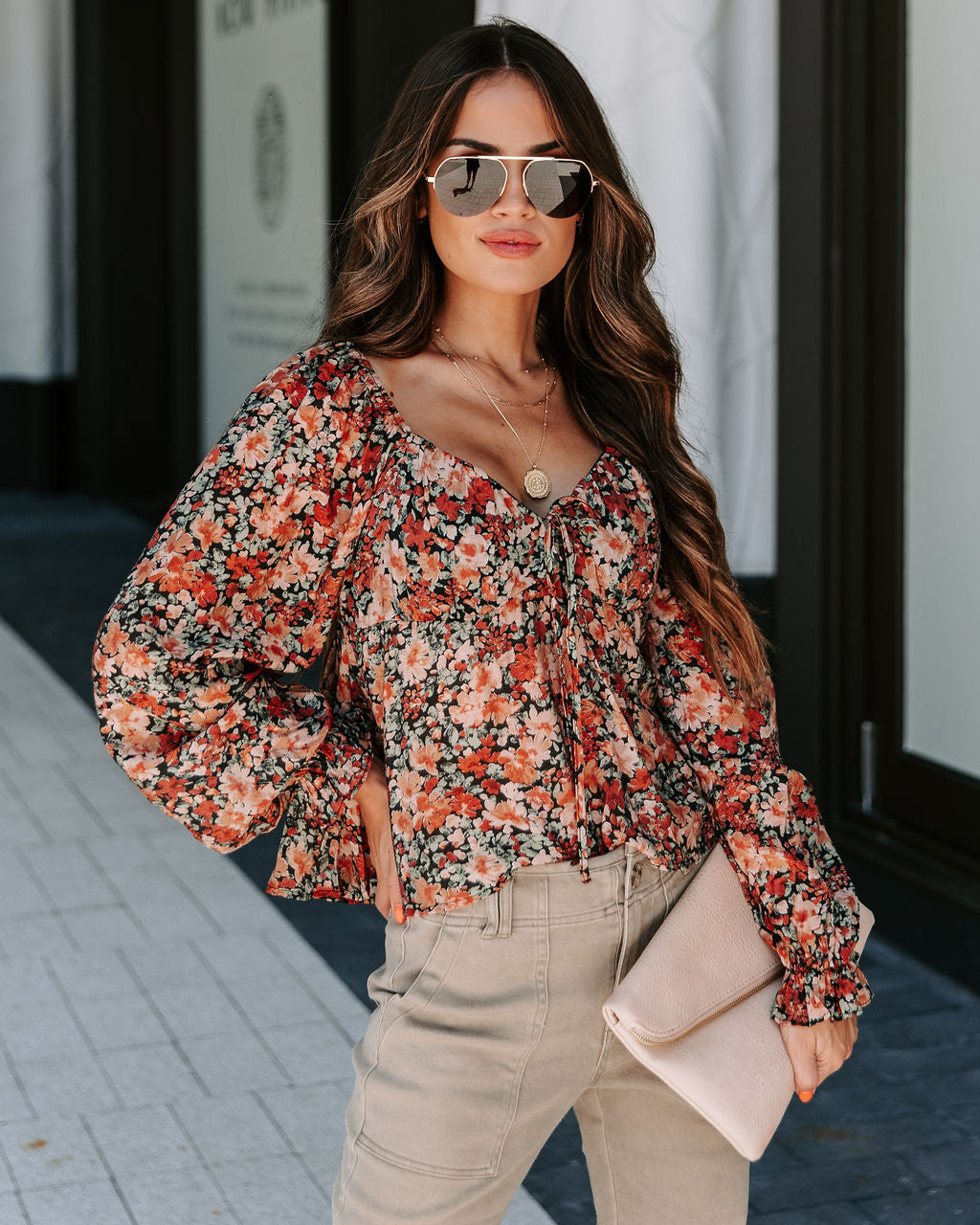 Uncertain Love Floral Front Tie Top - Brown