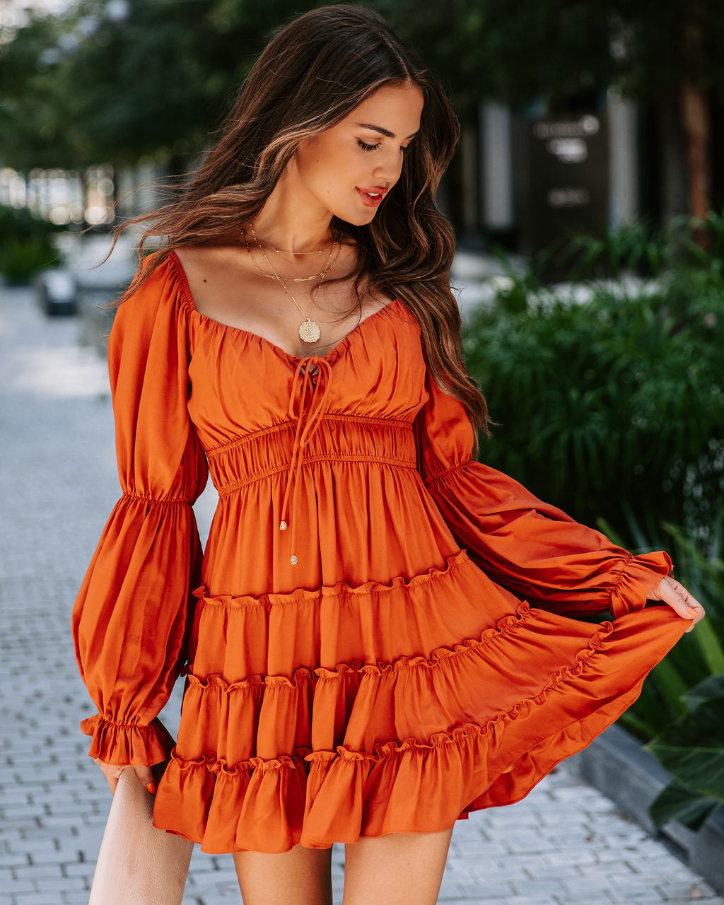 Unrequited Romance Tiered Front Tie Mini Dress - Burnt Orange