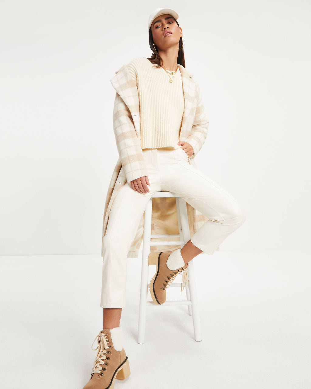 City Girl Pocketed Plaid Coat - Ivory