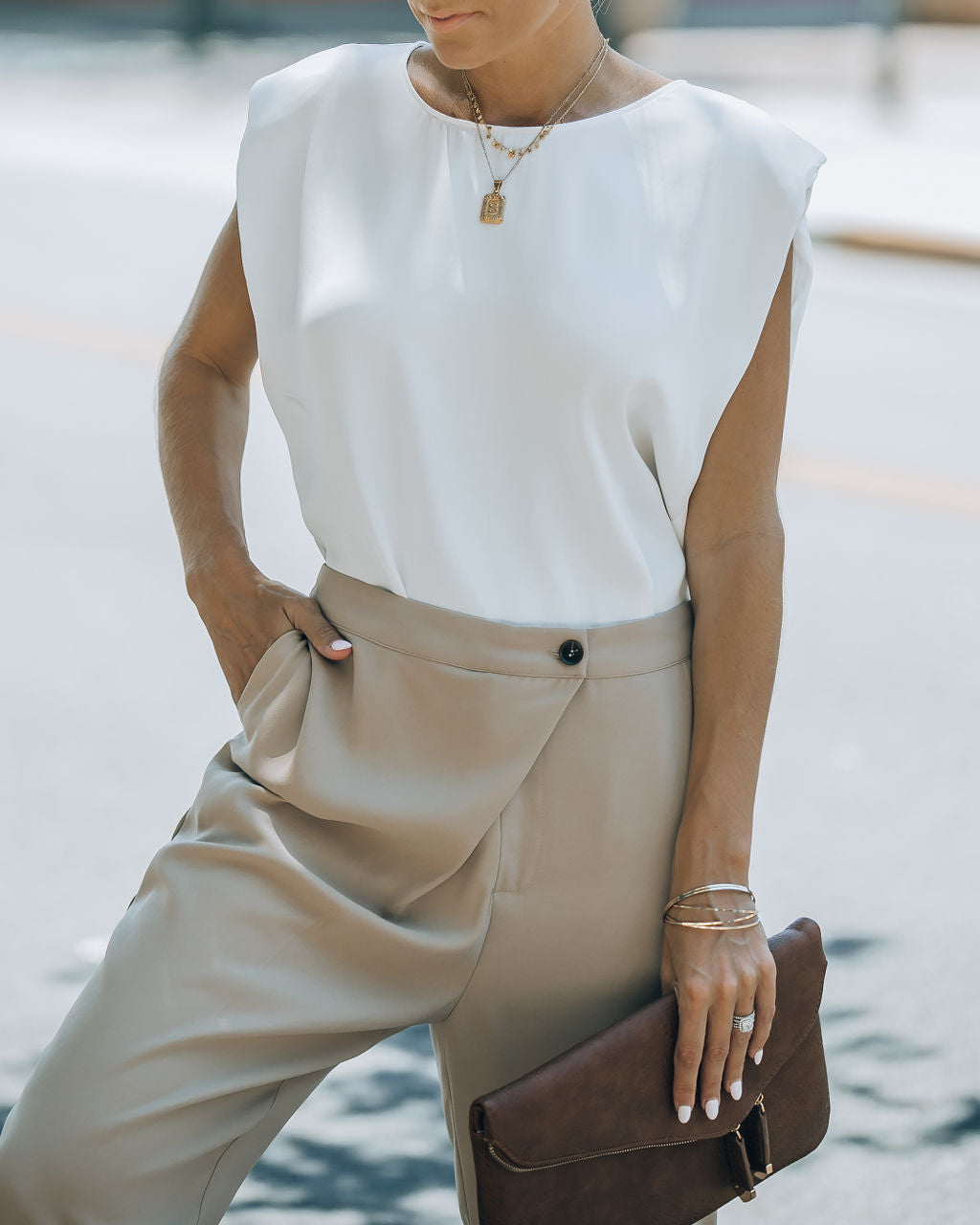 Fancy Gal Satin Padded Shoulder Top - White - SALE