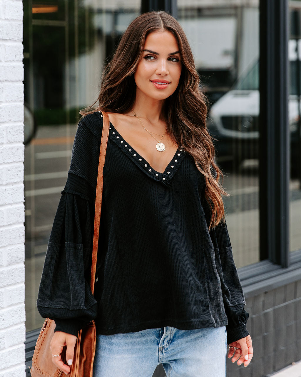 Axel Studded Waffle Knit Long Sleeve Top - Black