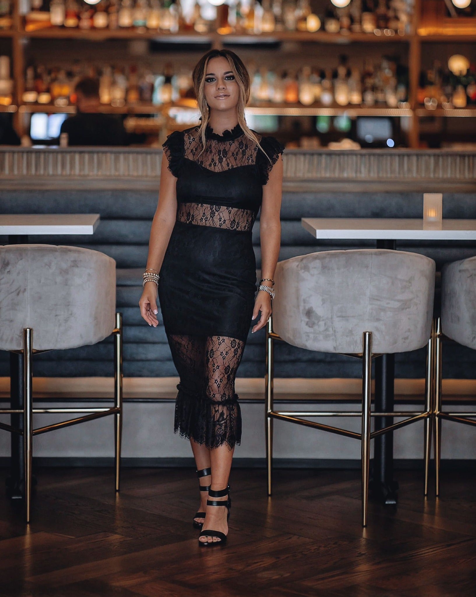 Saige Sheer Lace Midi Dress - Black