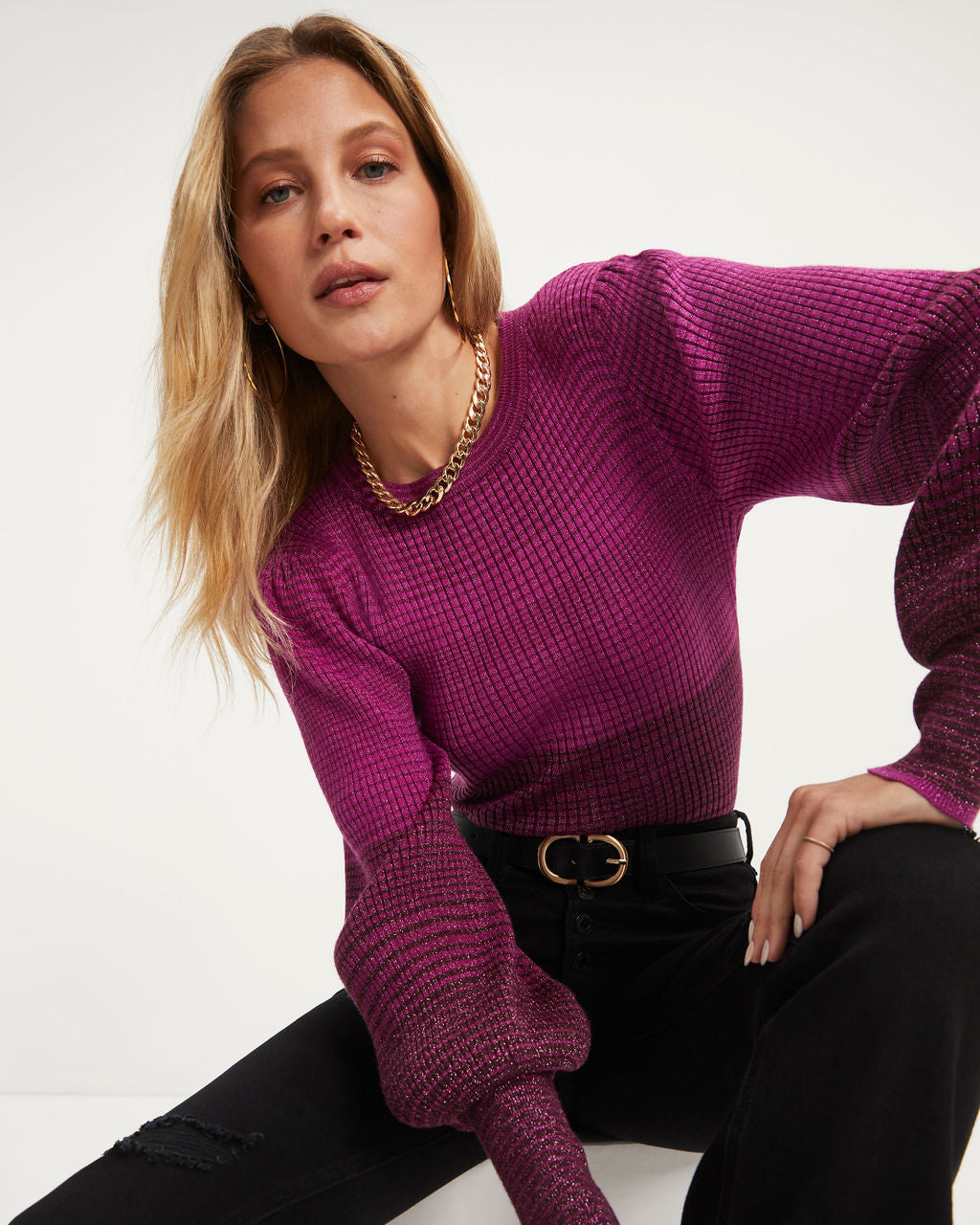 Fall Sunsets Ribbed Balloon Sleeve Pullover Sweater - Plum