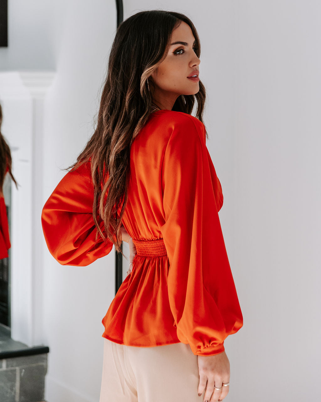 Gianna Plunge Neck Long Sleeve Top - Rust