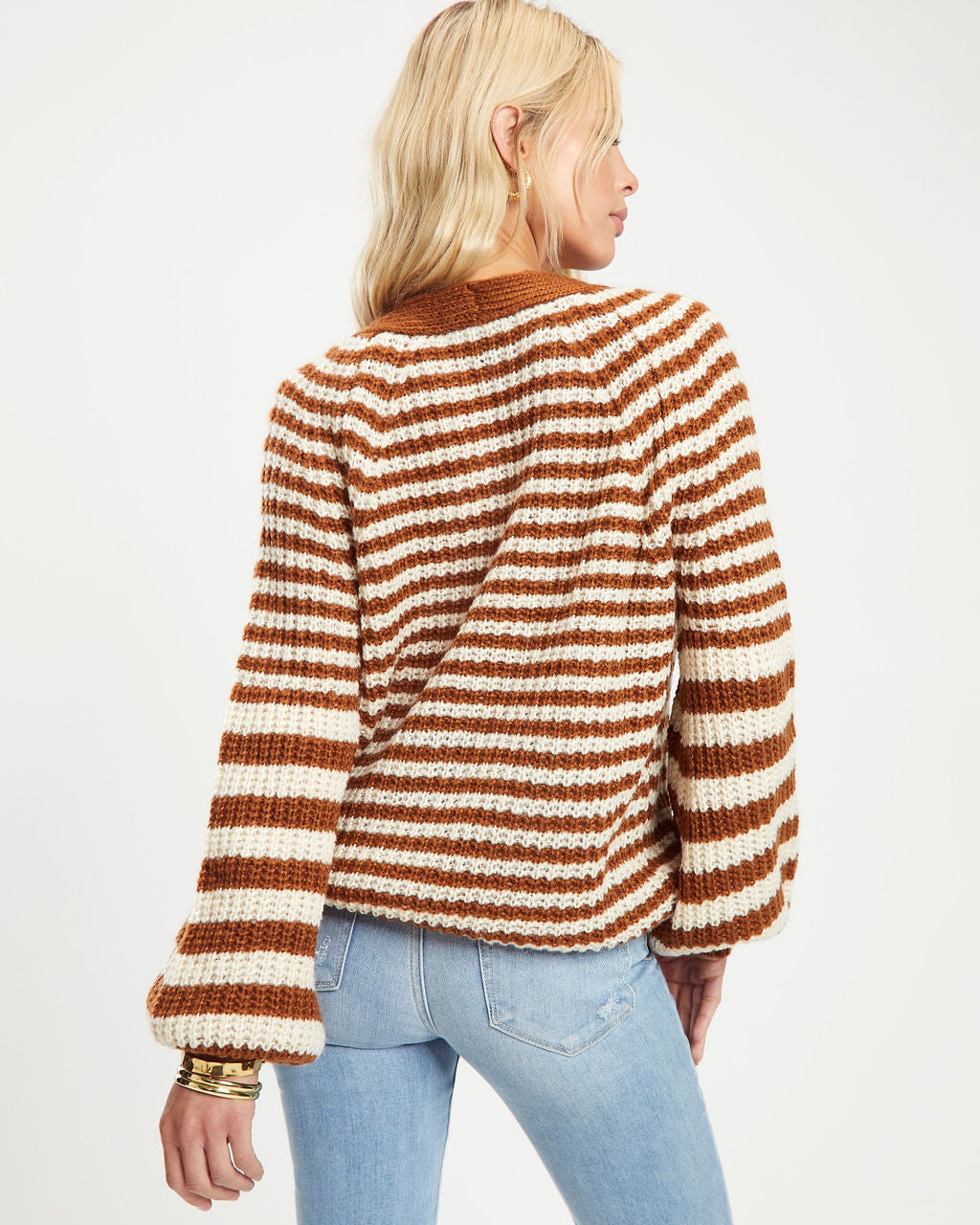 Kaza Striped Balloon Sleeve Button Front Cardigan