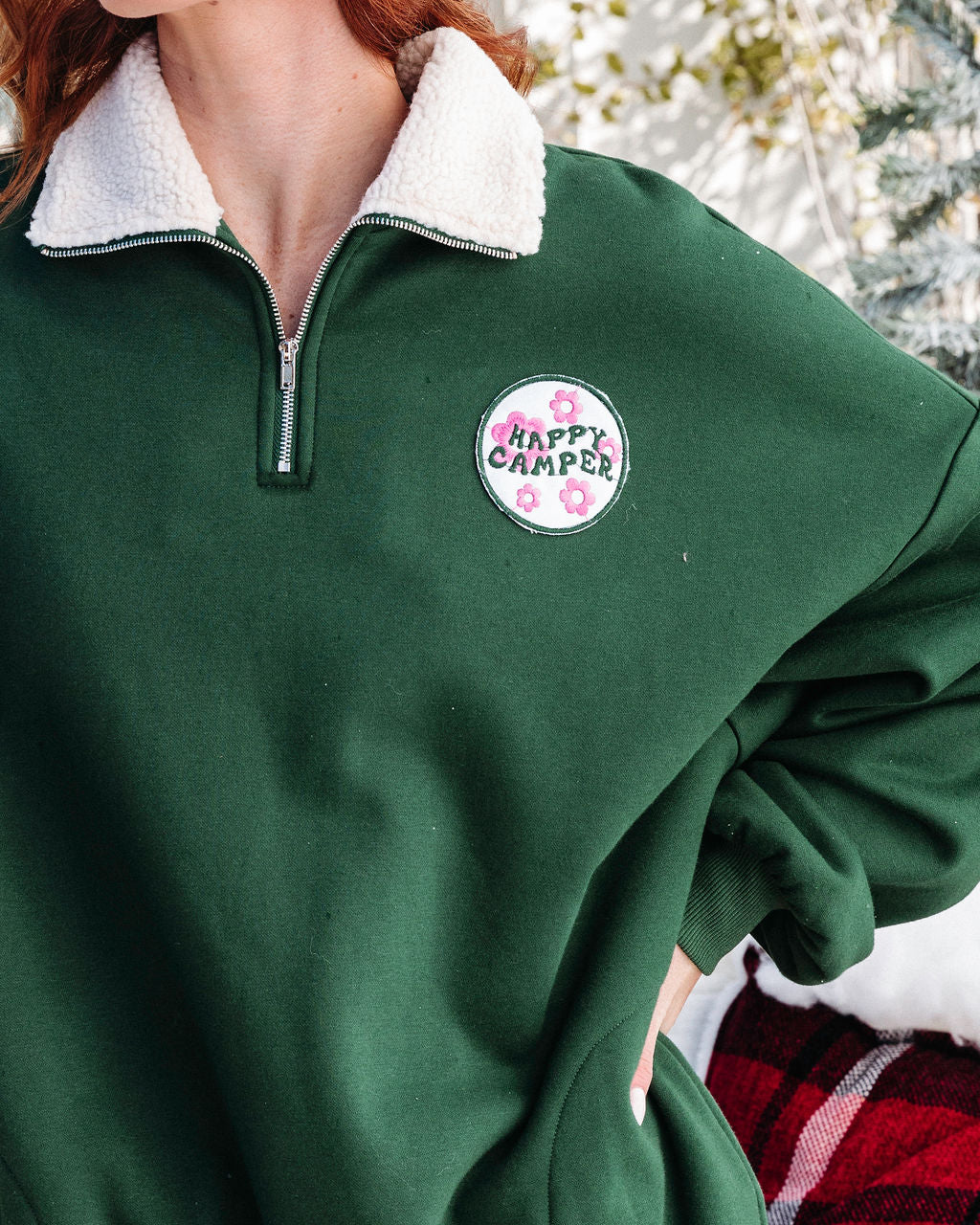 Happy Camper Half Zip Sherpa Trim Pocketed Pullover Sweater - Pine