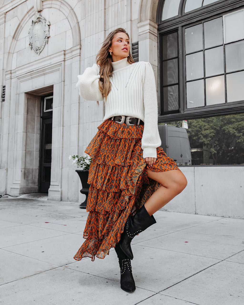 Desert Queen Printed Tiered Belted Maxi Dress