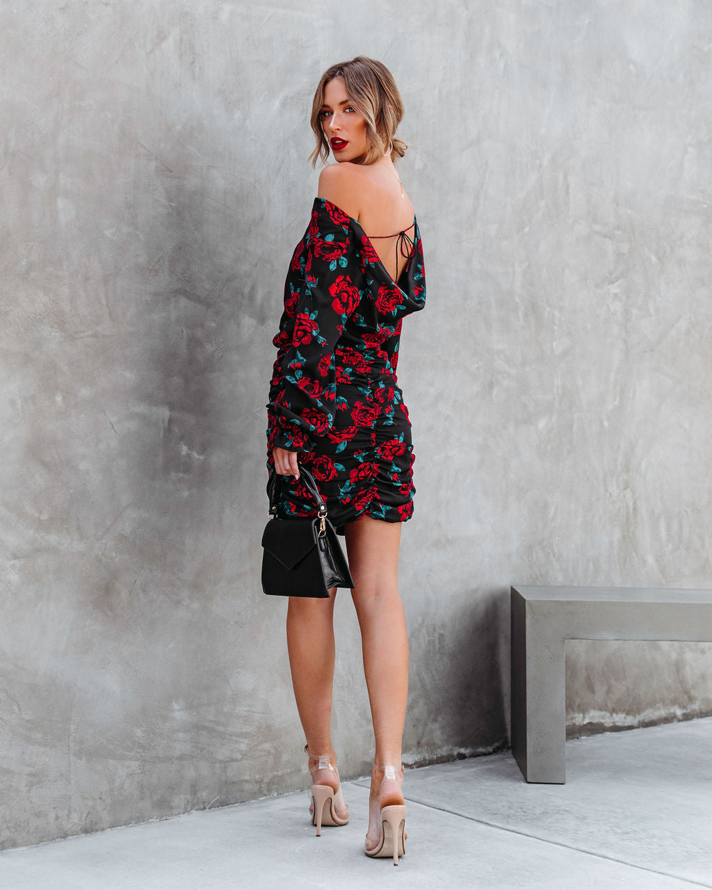 Barcelona Floral Ruched Cowl Neck Mini Dress