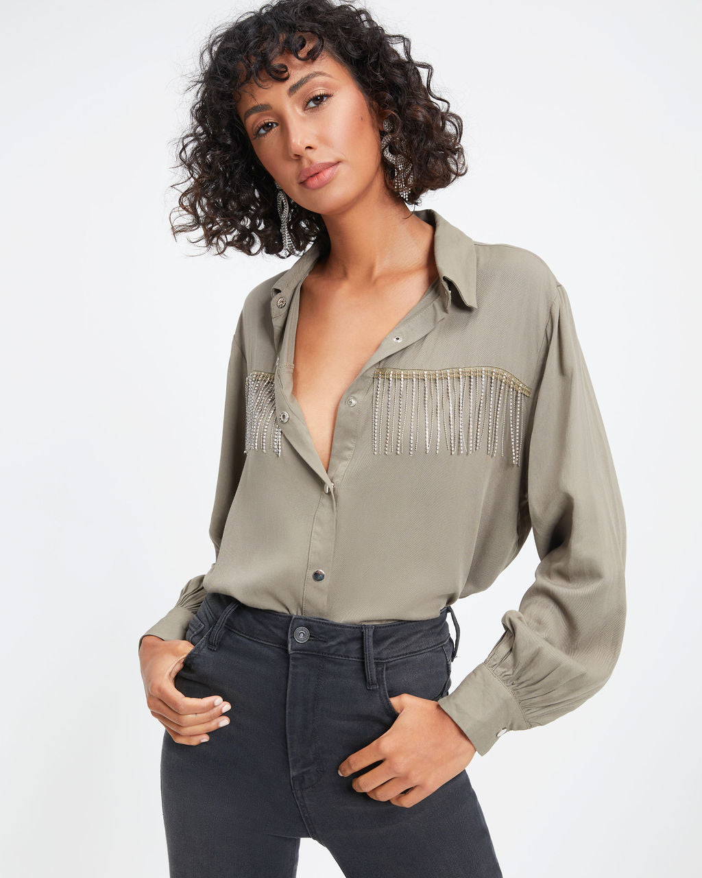 Dolly Glam Rhinestone Fringe Button Down Top - Olive