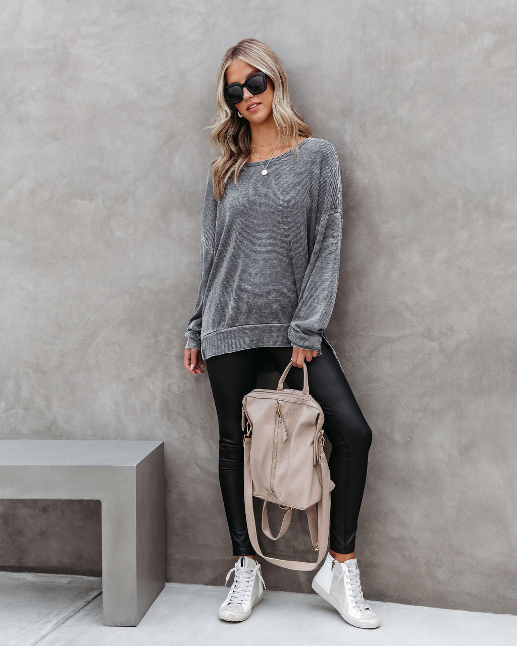Tahoe Bound Waffle Knit Long Sleeve Top - Charcoal