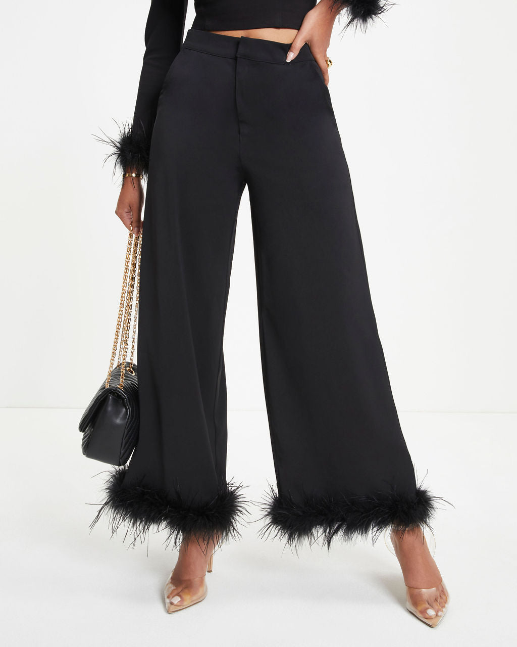 New Lover Feather Trim Pocketed Pants - Black