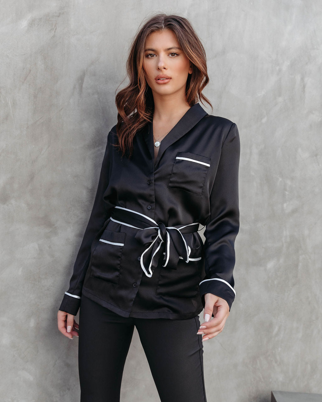 After Party Satin Pocketed Button Down Top - Black - FINAL SALE