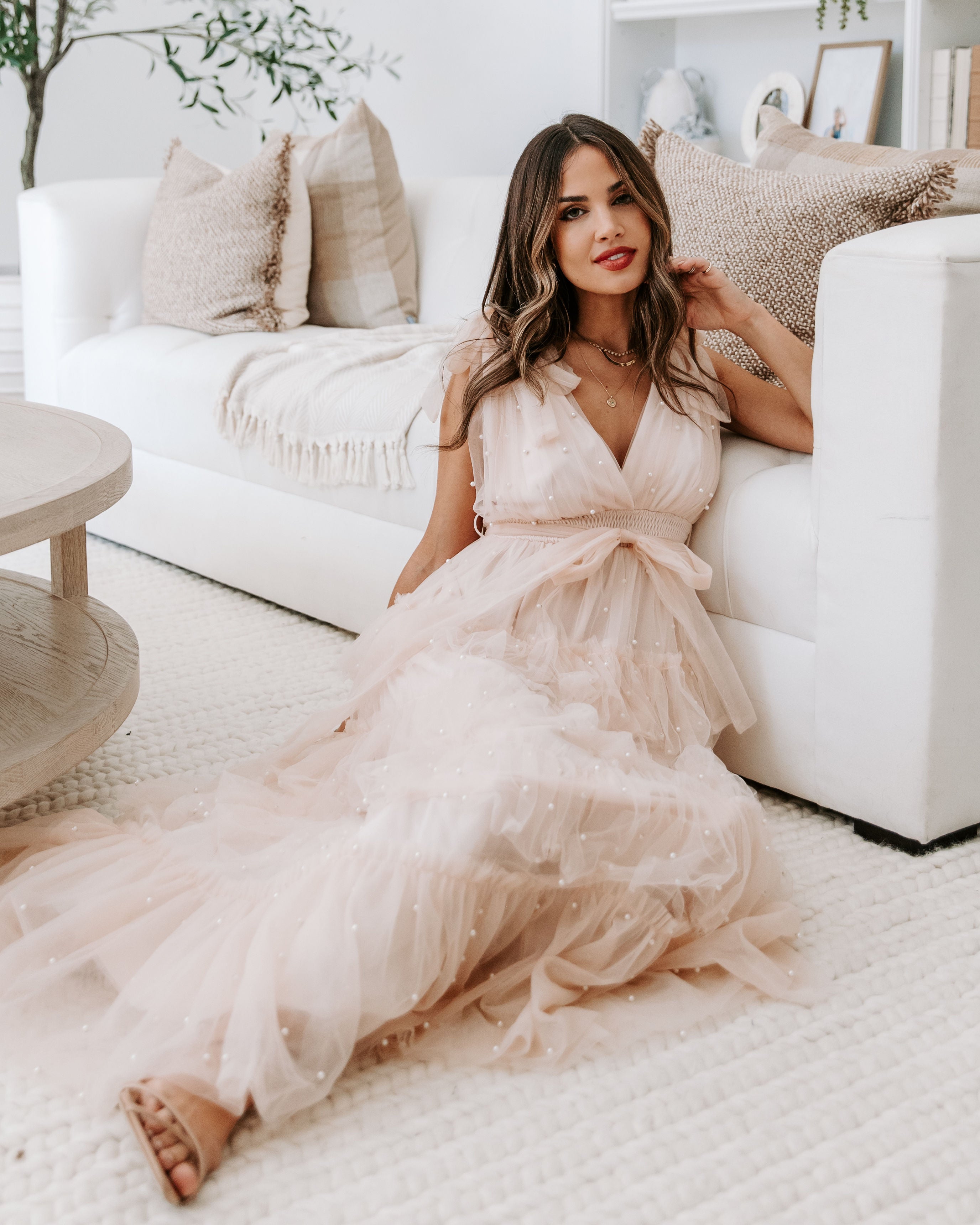 Under The Eiffel Tower Tulle Pearl Tiered Maxi Dress - Blush