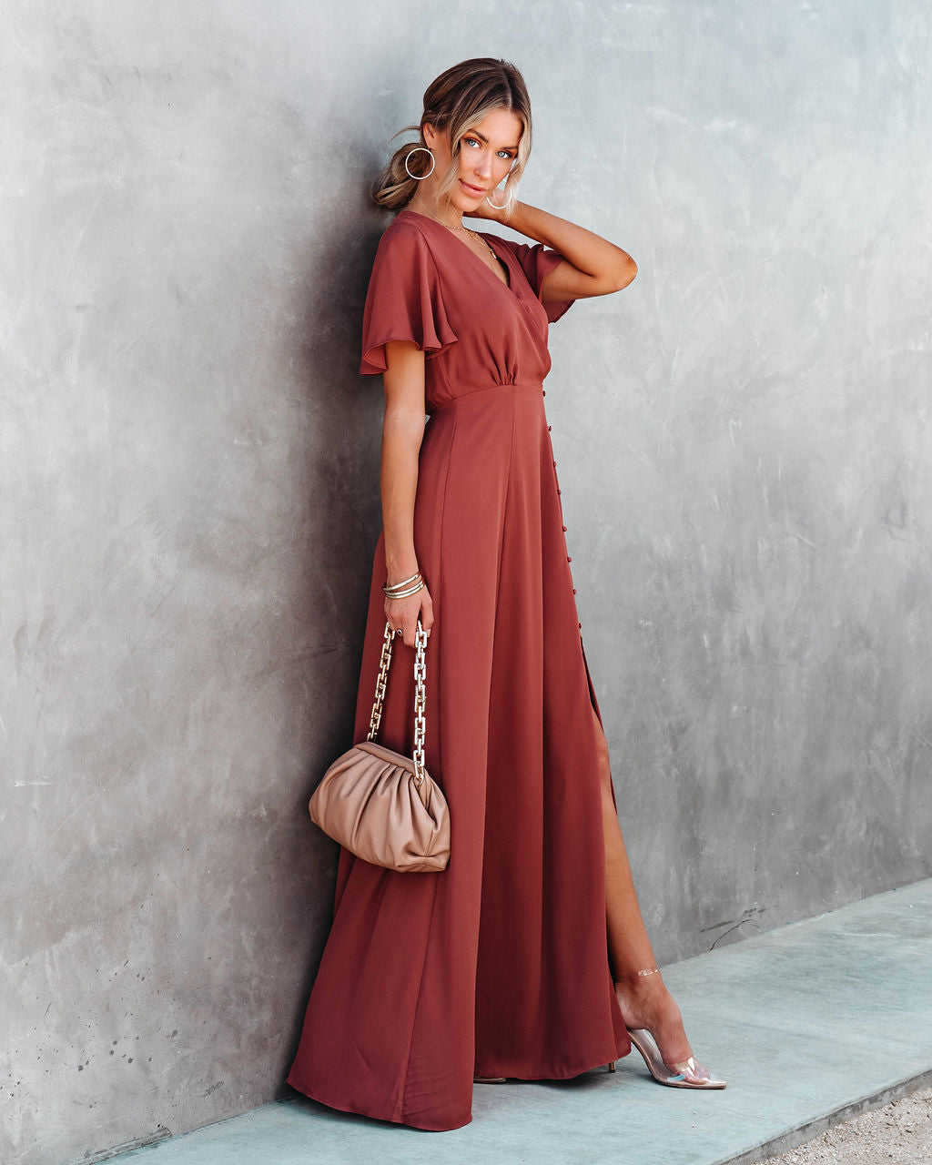 Last Forever Flutter Sleeve Maxi Dress - Brown Rust