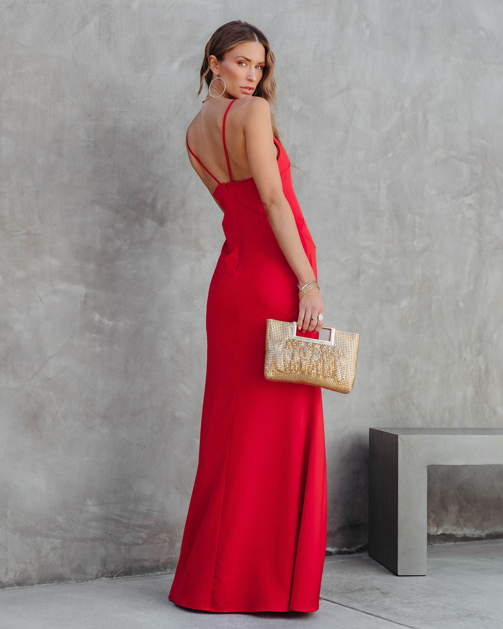 Evianna Satin Slit Maxi Dress - Red