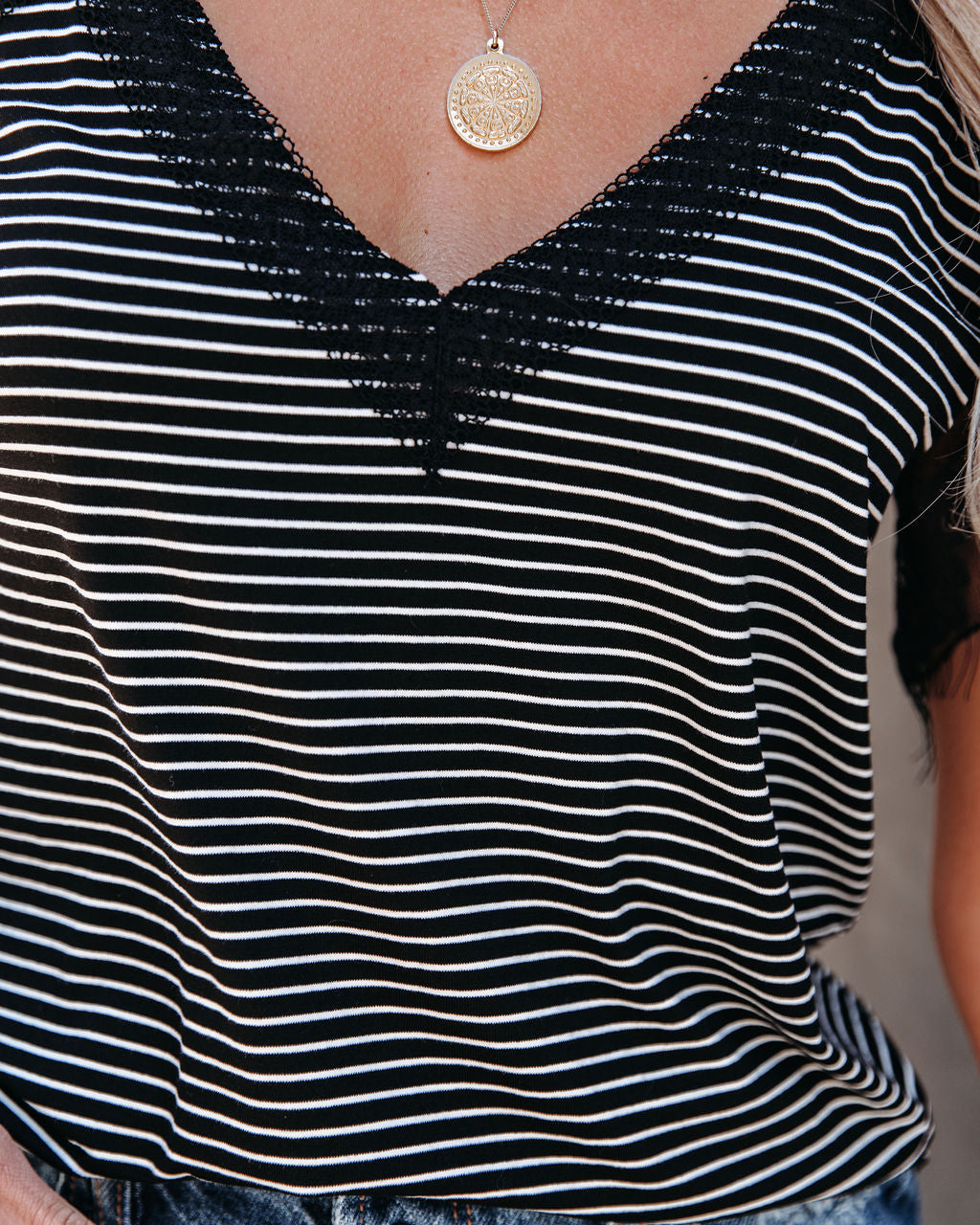 Bonus Points Striped Lace Top - Black - FINAL SALE