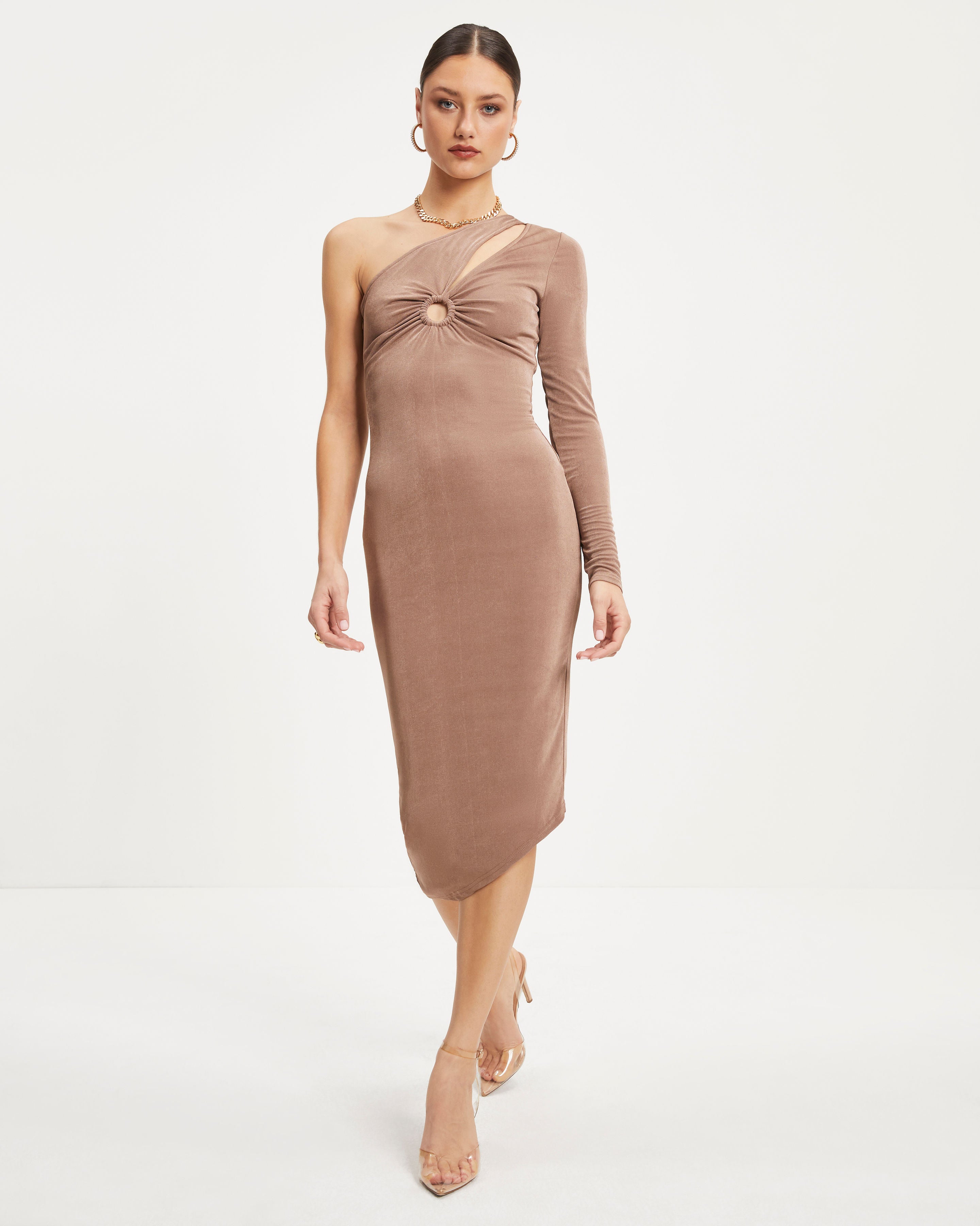 Give Me A Break One Shoulder Asymmetrical Midi Dress - Mocha
