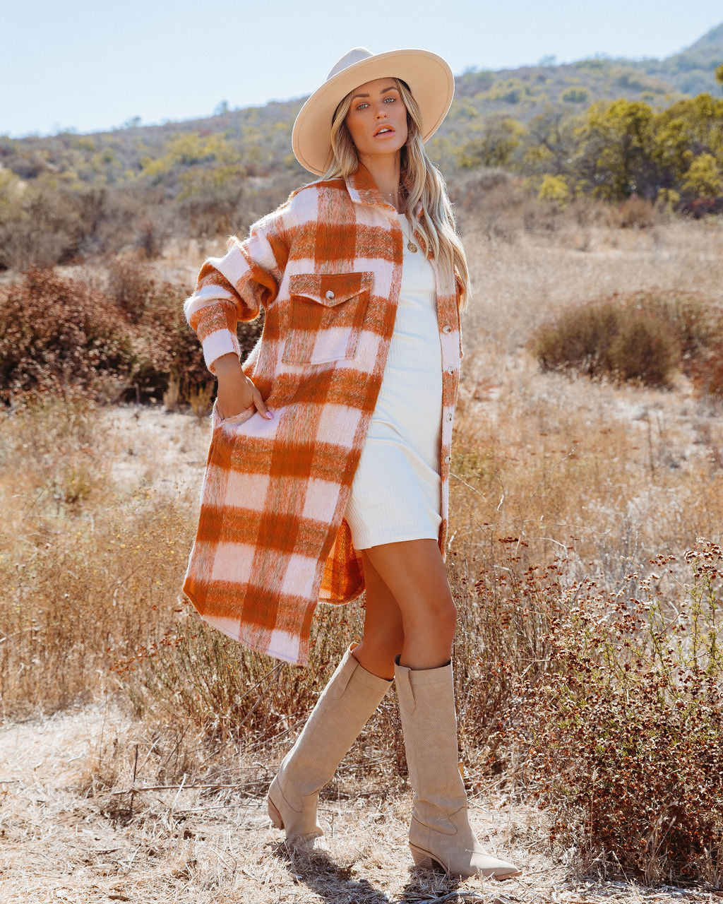 Sunkissed Fall Skies Pocketed Plaid Button Down Coat