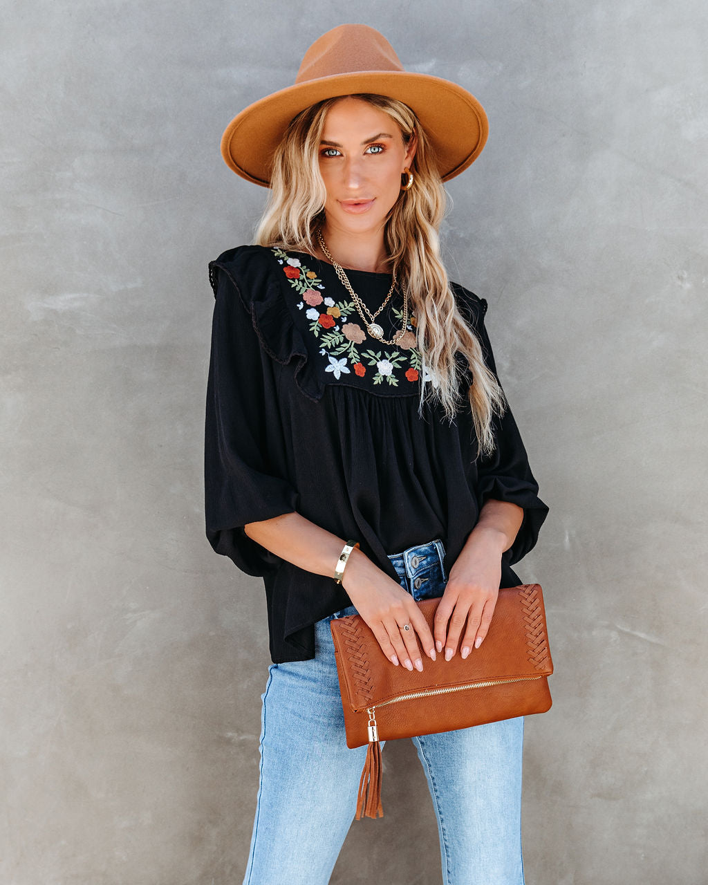 Bohemian Fall Floral Embroidered Babydoll Top - Black - SALE