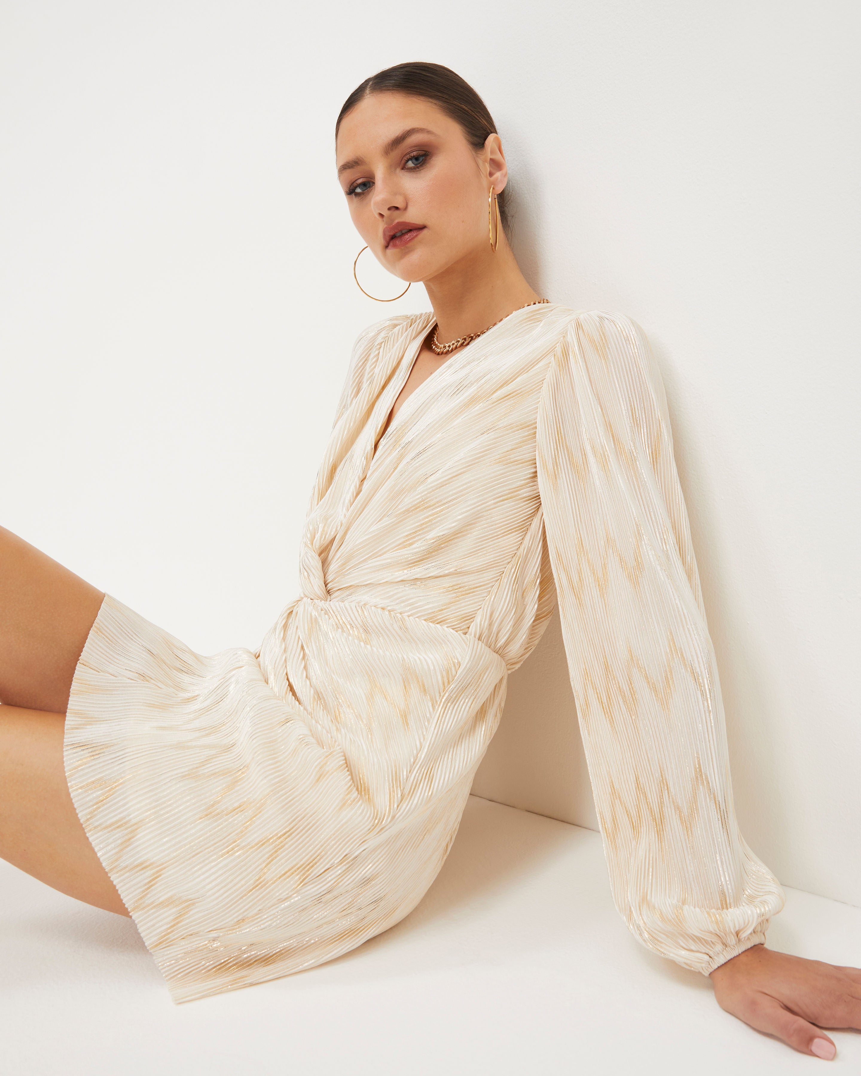 Giuliana Twisted Front Plisse Metallic Mini Dress - Ivory
