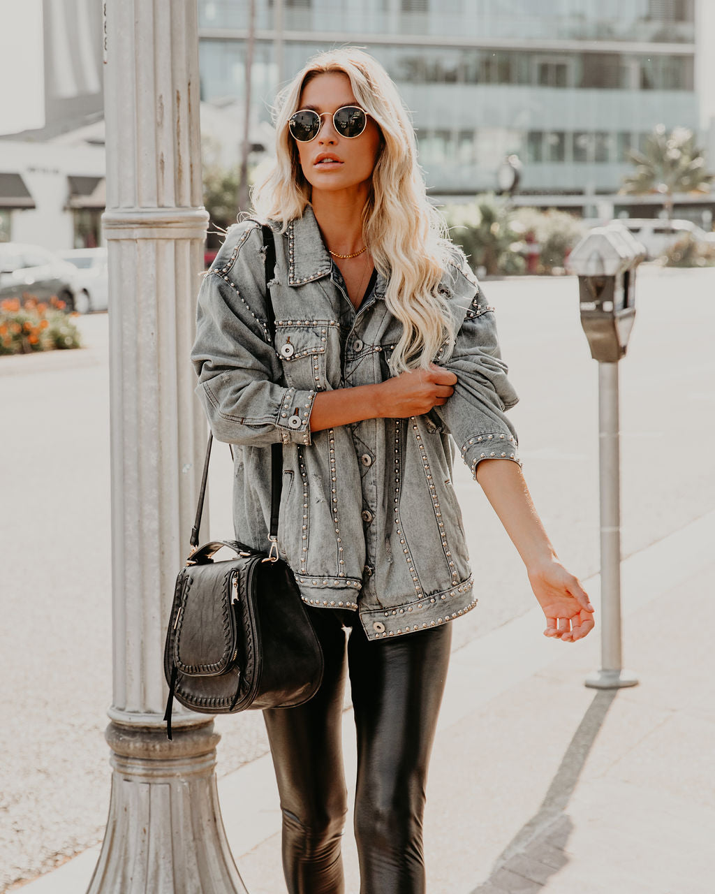 Kind Of A Big Deal Pocketed Studded Denim Jacket - Light Wash