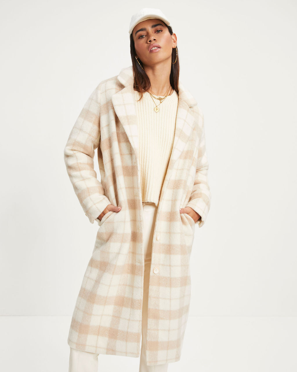 City Girl Pocketed Plaid Coat - Ivory