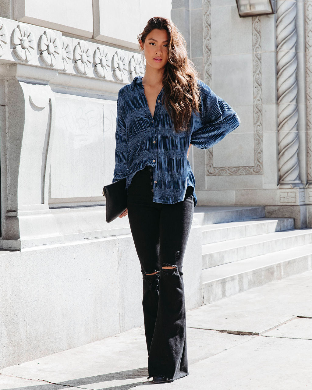 Bette Textured Velvet Button Down Top - Blue