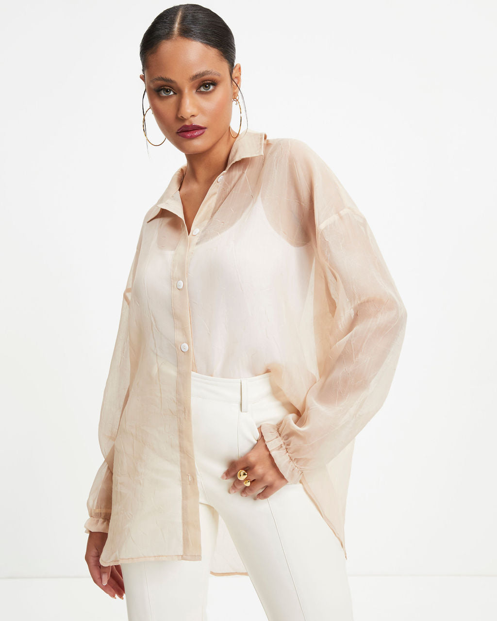 Oh Hey Lucy Organza Button Down Top - Beige