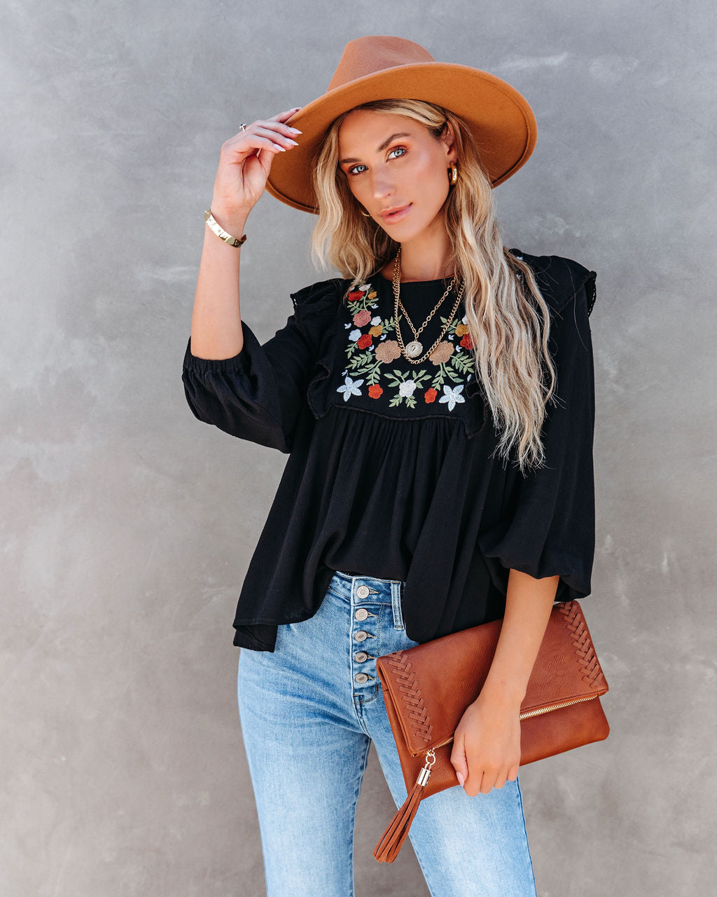 Bohemian Fall Floral Embroidered Babydoll Top - Black - SALE