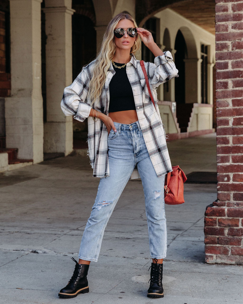 Plaid About You Frayed Button Down Top - White