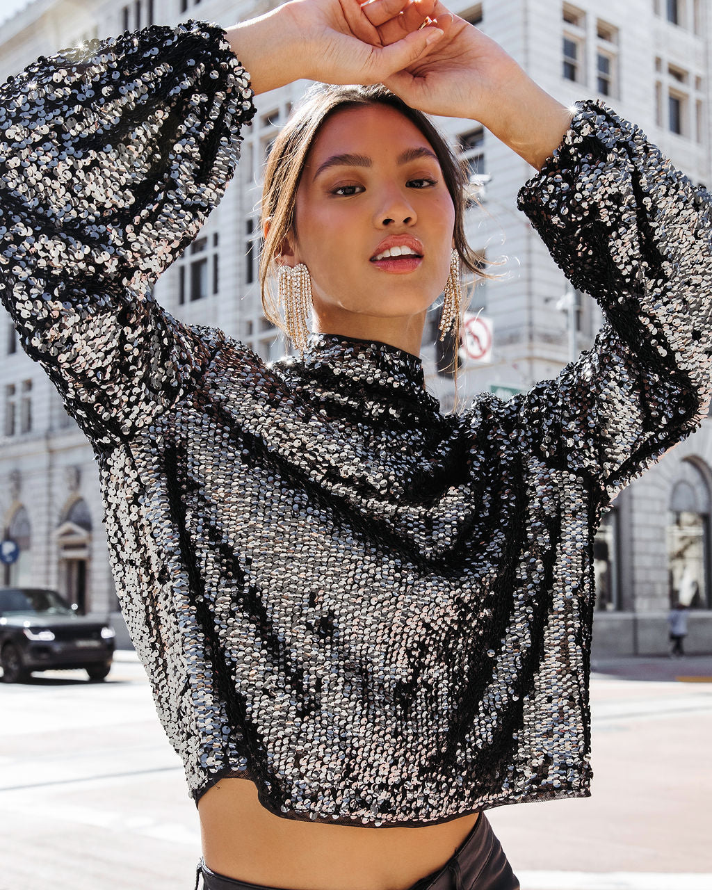 Broadway Sequin Mock Neck Long Sleeve Top - Black