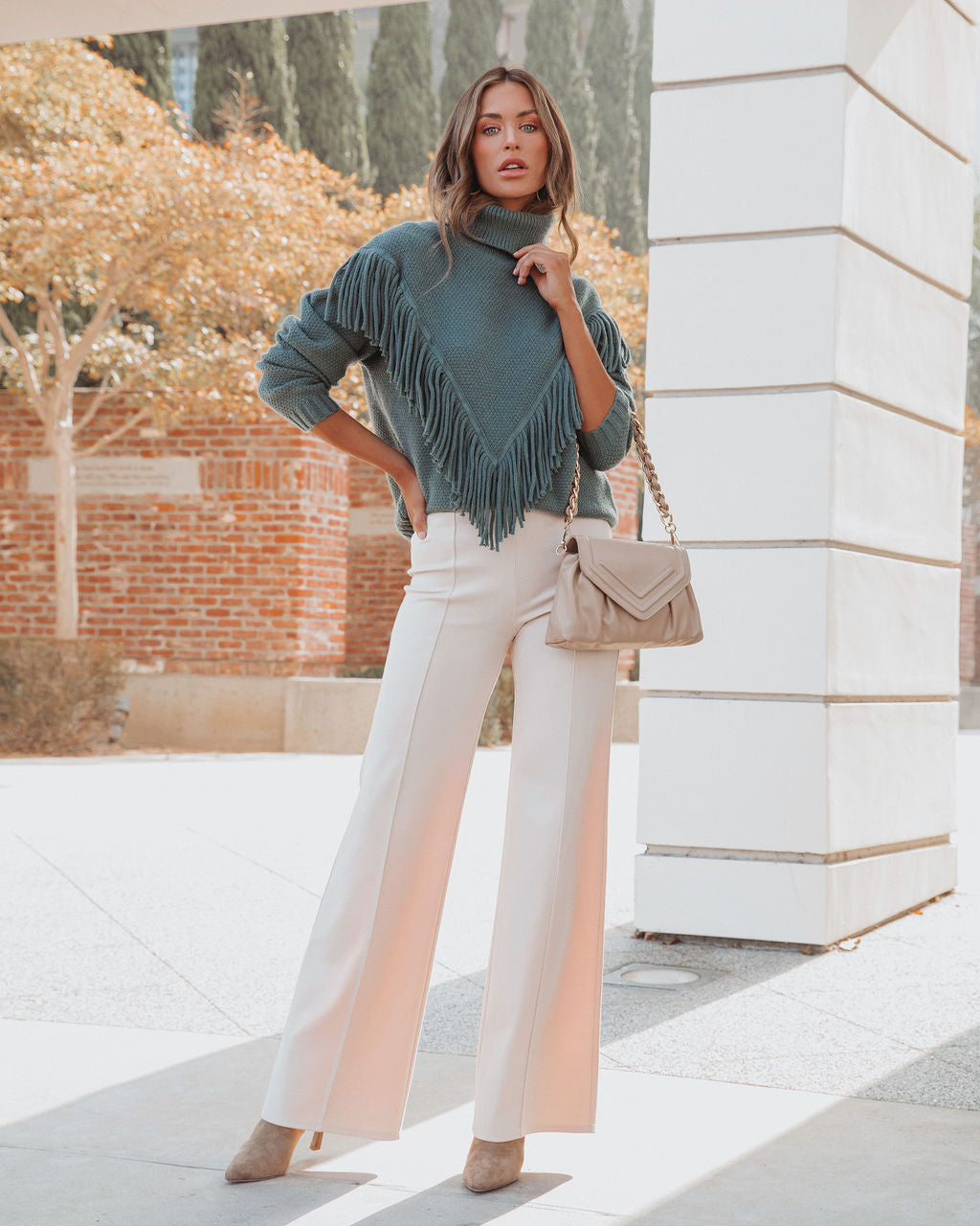 Annie Knit Fringe Turtleneck Pullover Sweater - Dusty Sage