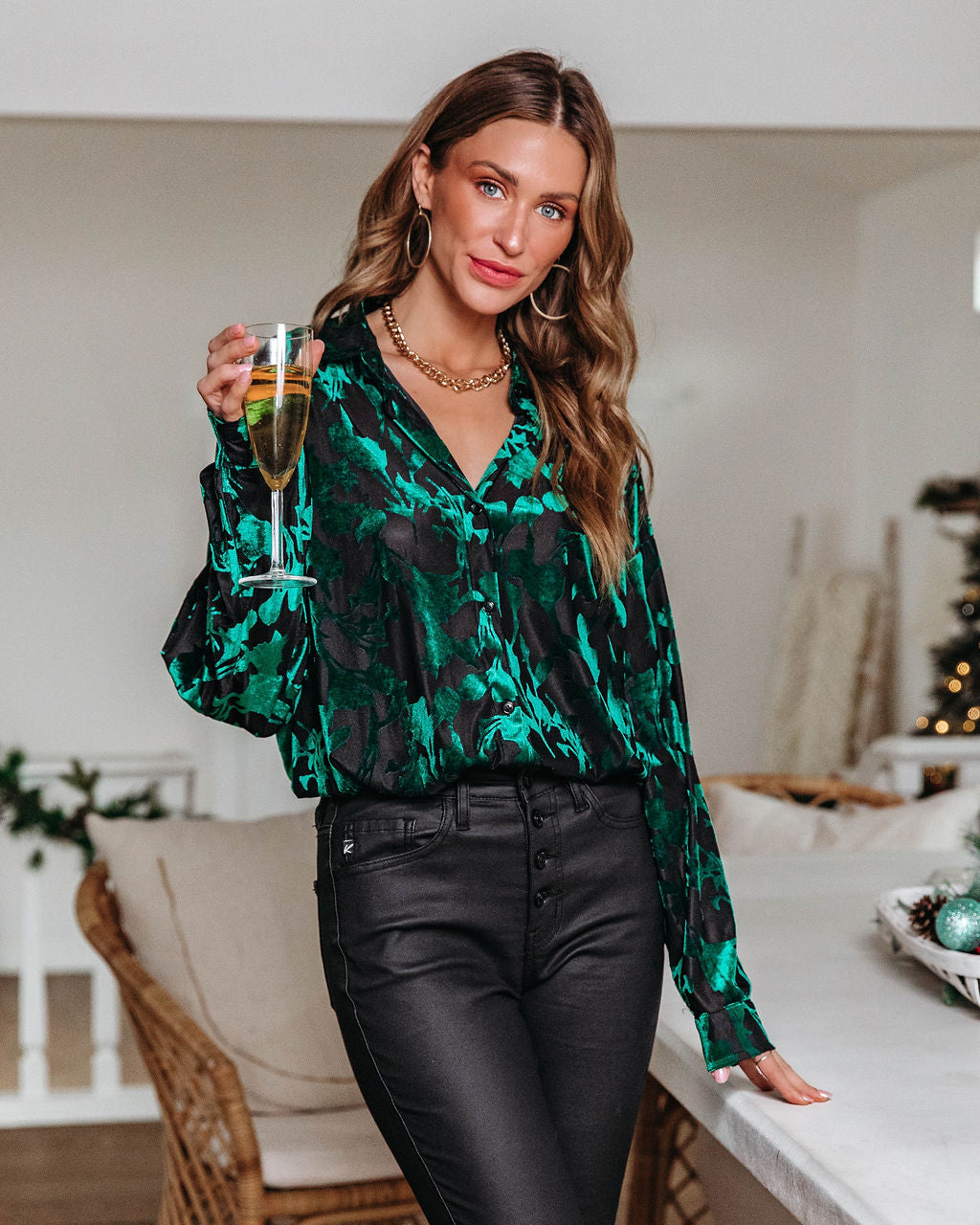 Tracy Burnout Velvet Button Down Top - Green