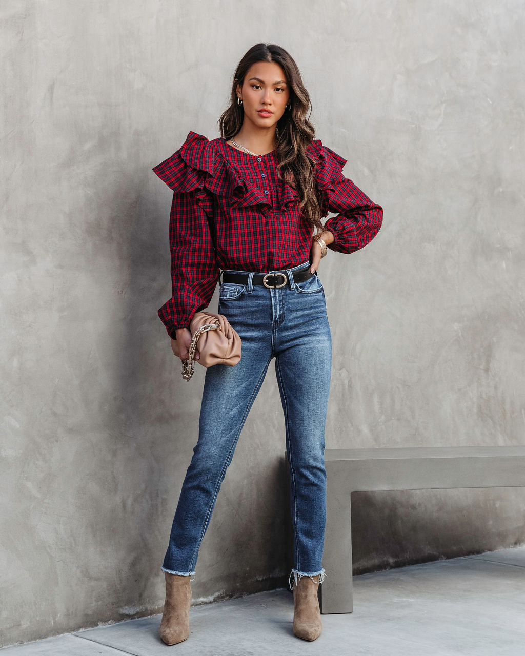Clara Plaid Ruffle Long Sleeve Top - Red