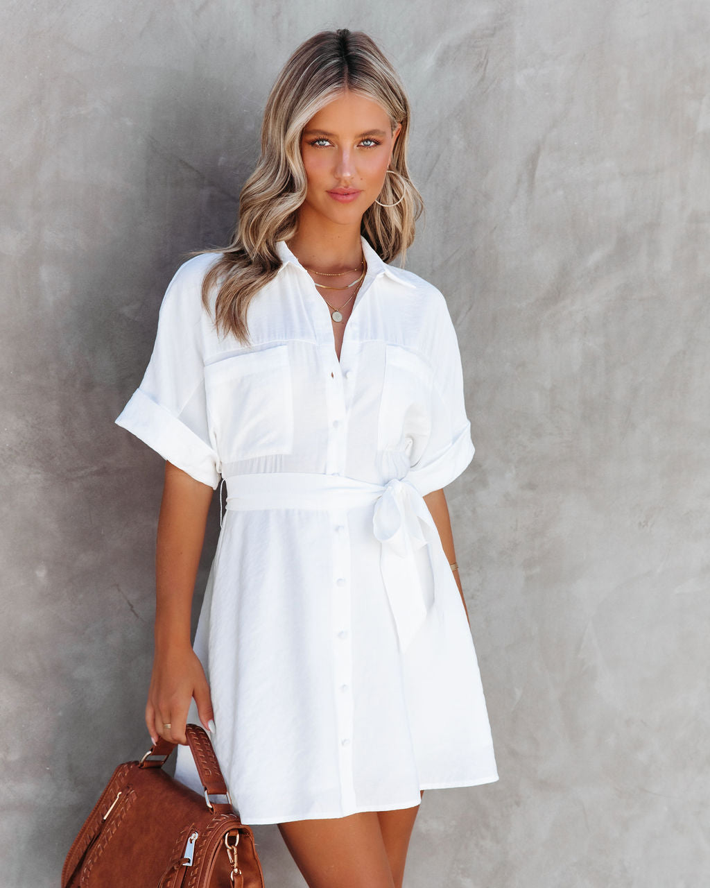 Norah Pocketed Button Down Shirt Dress - White