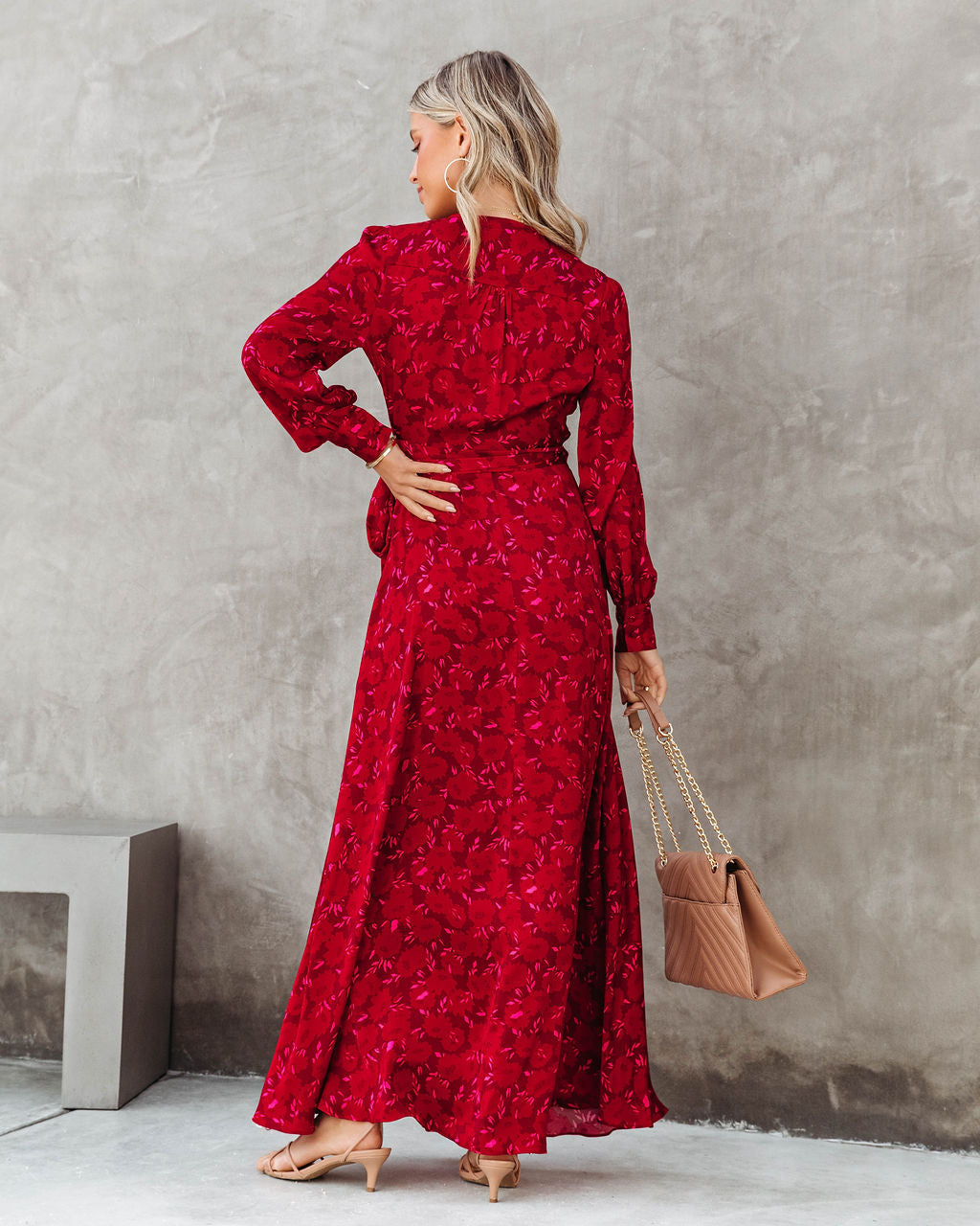 Lucia Satin Floral Wrap Maxi Dress - Red