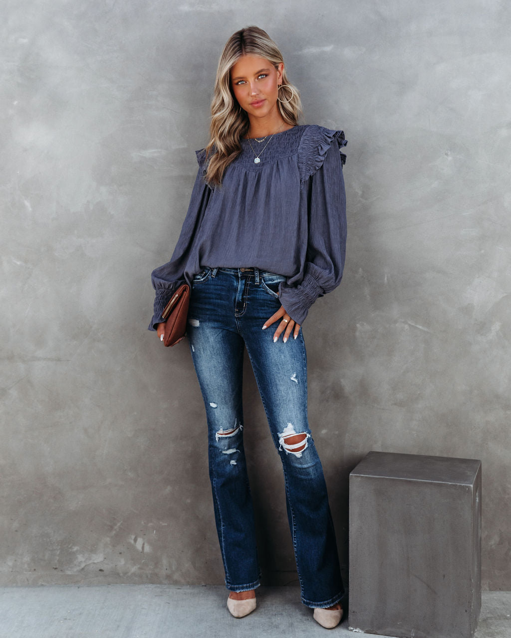 Justina Crinkle Ruffle Shoulder Top - Charcoal