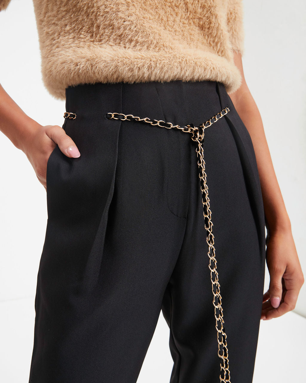 Classic Business Pocketed Chain Belt Trousers - Black