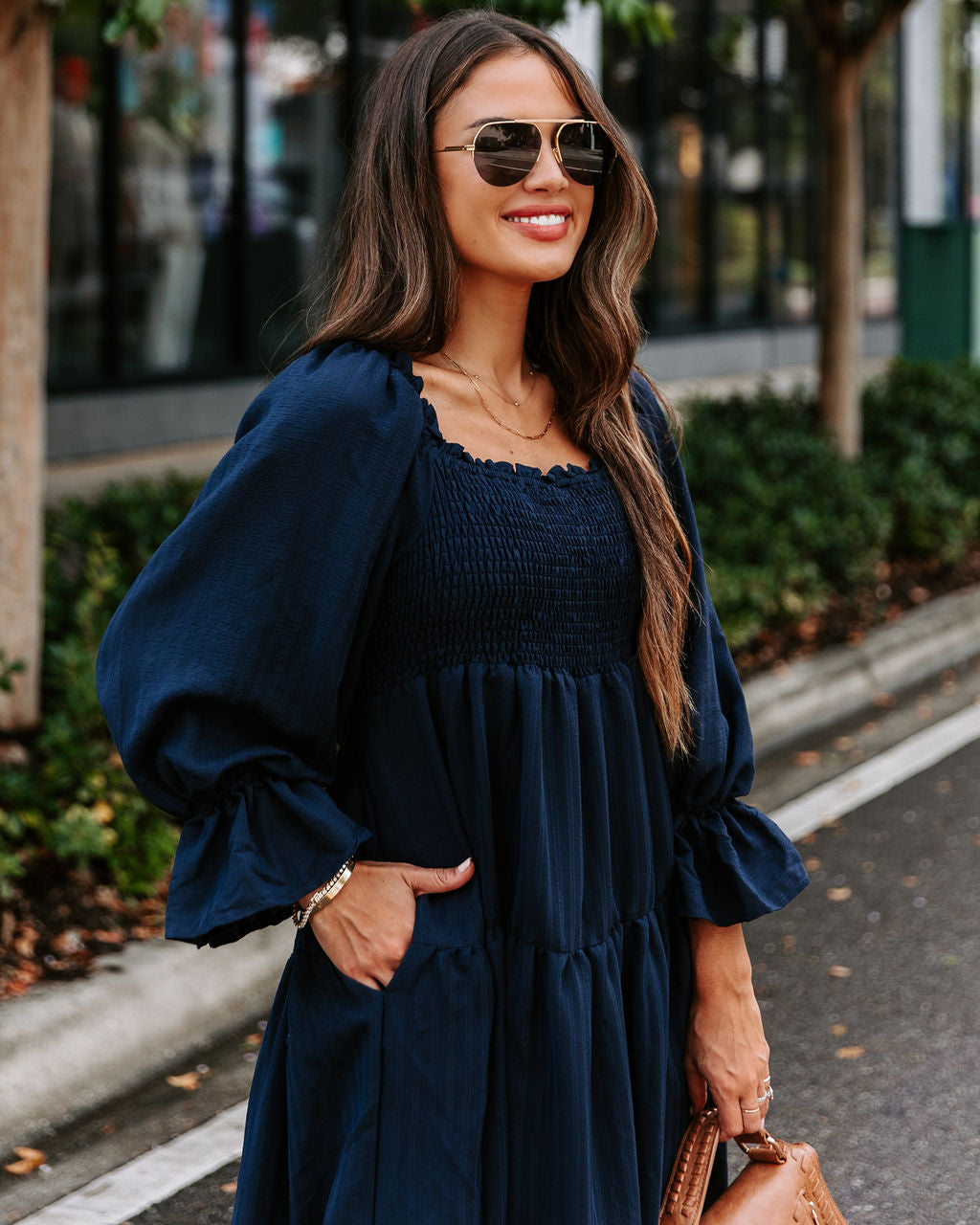 River Pocketed Puff Sleeve Midi Dress - Navy