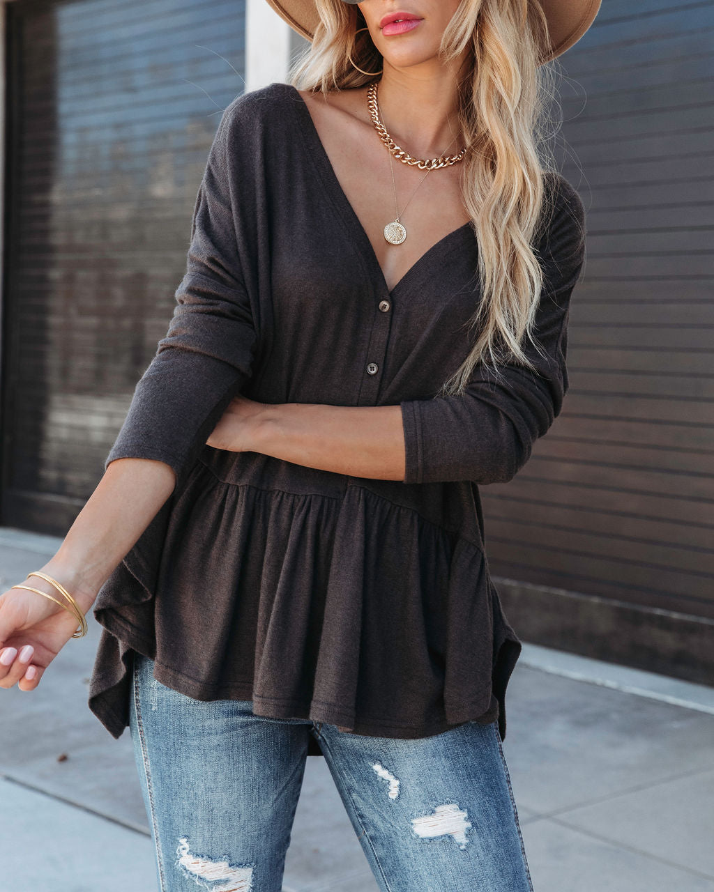 Be Playful Button Down Knit Peplum Top - Asphalt - SALE