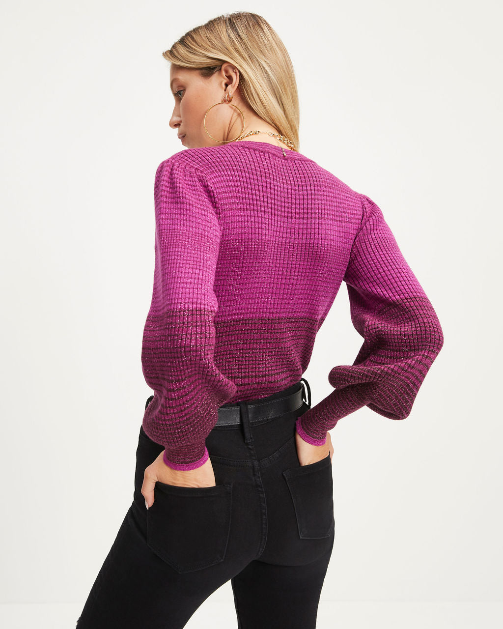 Fall Sunsets Ribbed Balloon Sleeve Pullover Sweater - Plum