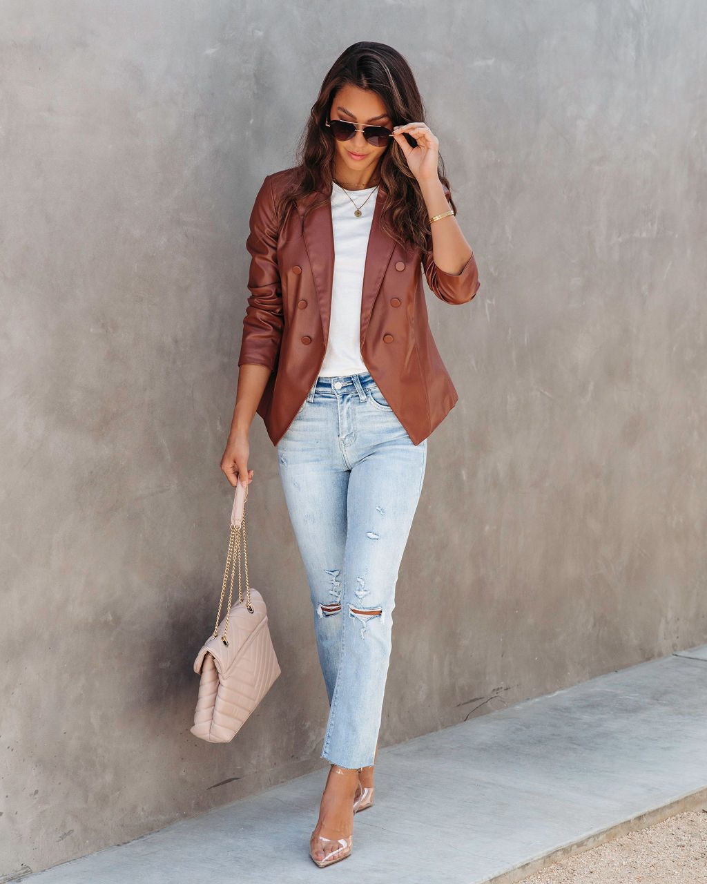 Angelique Faux Leather Blazer - Chestnut