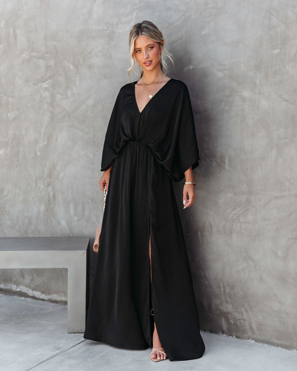 Most Classy One Satin Kimono Maxi Dress - Black