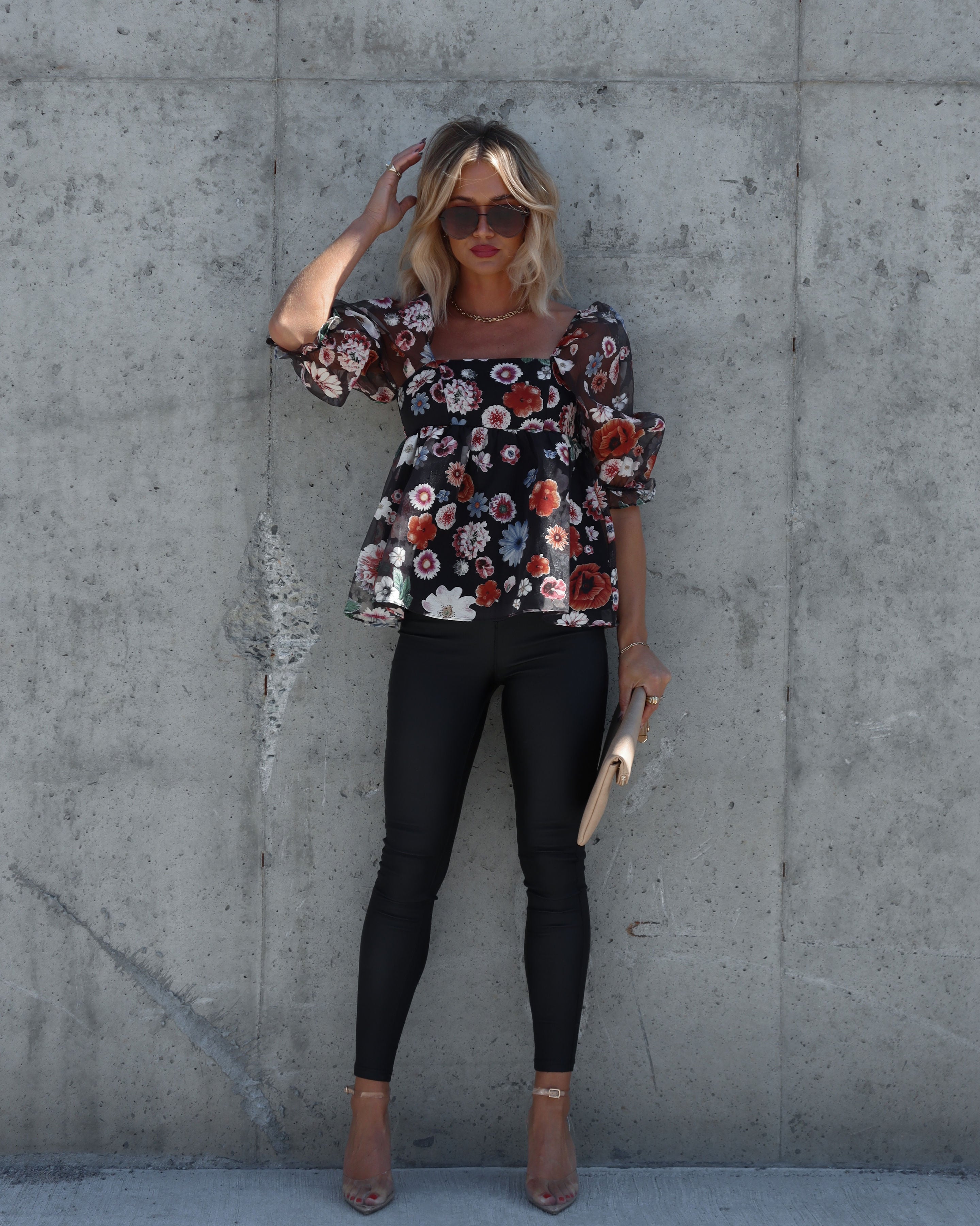 Blooming Autumn Organza Puff Sleeve Babydoll Top - Black