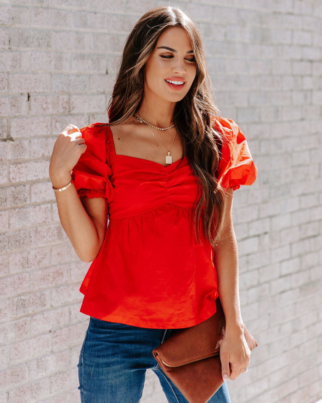 Carley Cotton Puff Sleeve Peplum Top - Red - SALE