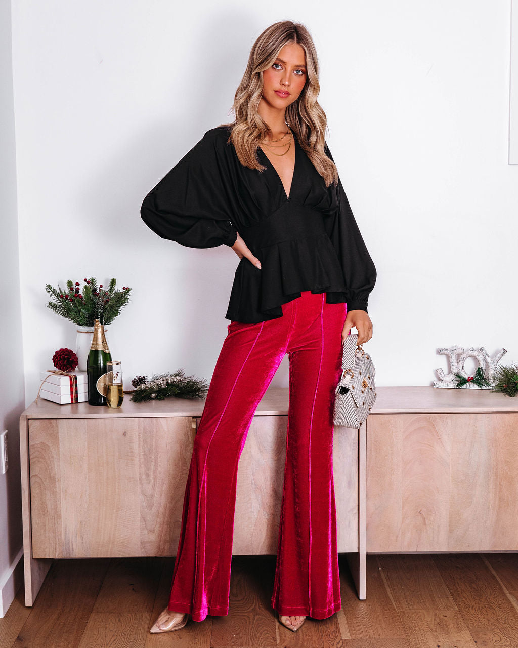 Gianna Plunge Neck Long Sleeve Top - Black