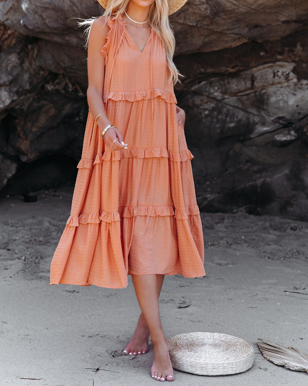 Ballard Cotton Blend Pocketed Tiered Midi Dress - Papaya - FINAL SALE