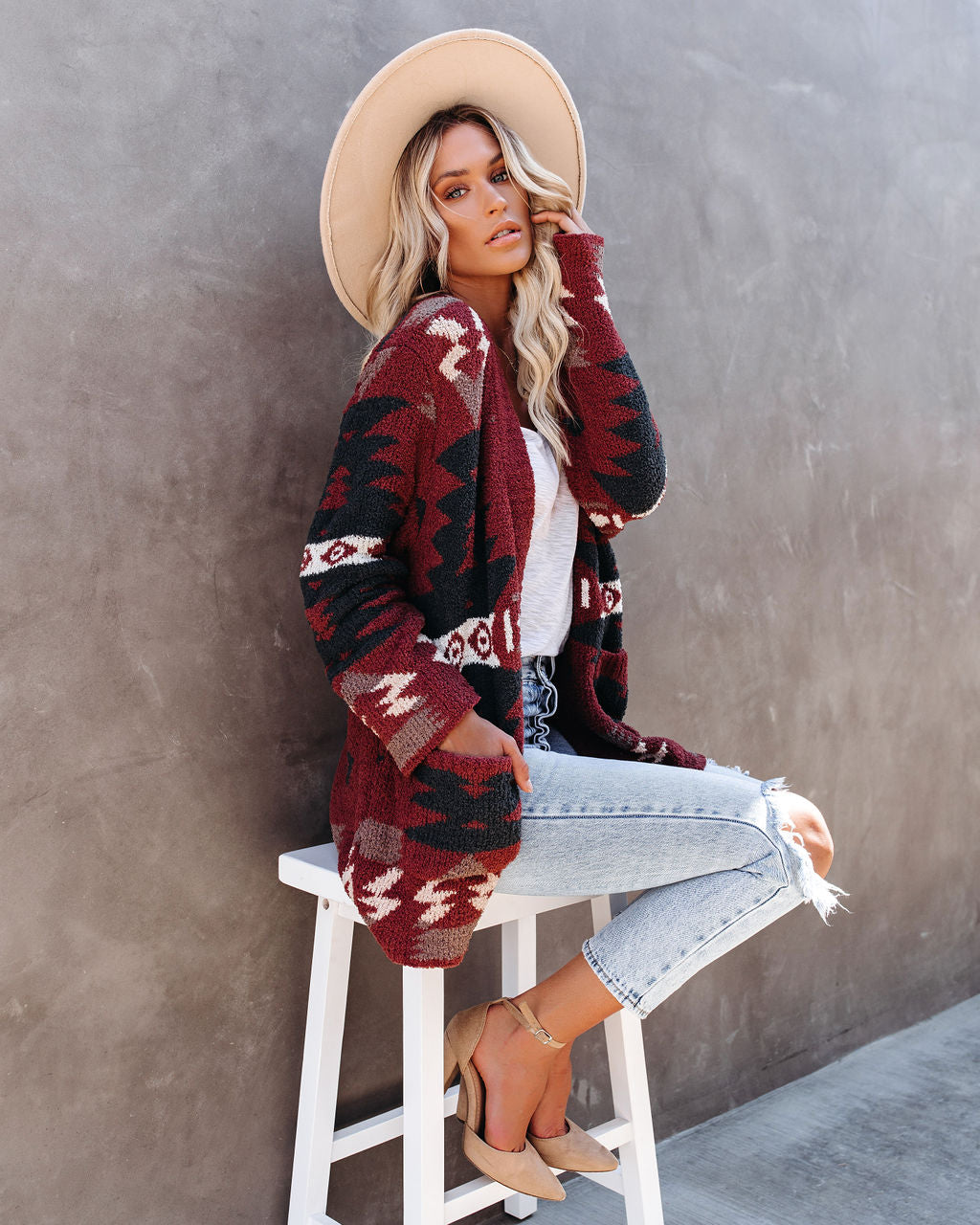 Moraga Pocketed Aztec Cardigan - Brick